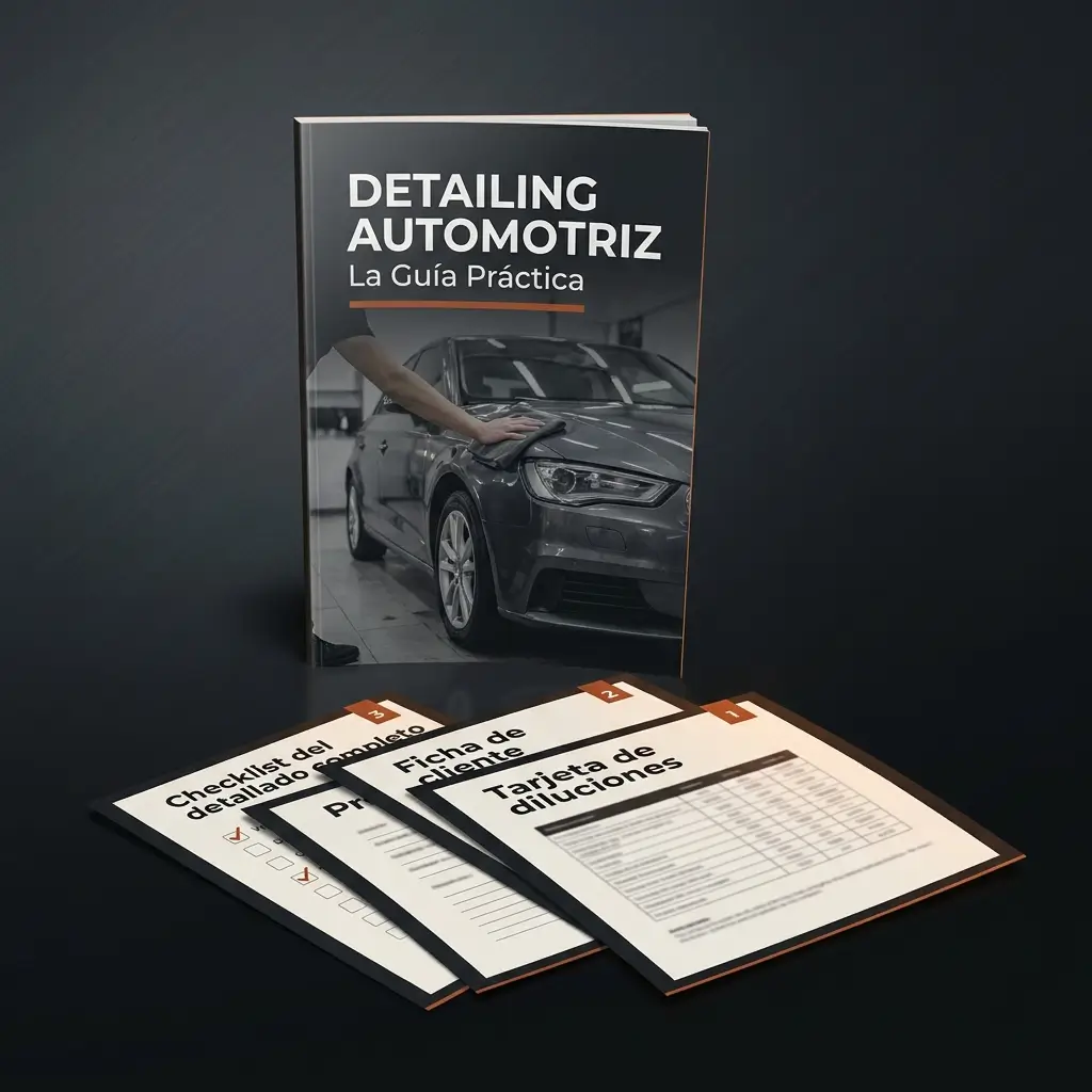Guía Detailing Automotriz con las 3 fichas de bonus: tarjeta de diluciones, ficha de cliente y checklist del detallado completo
